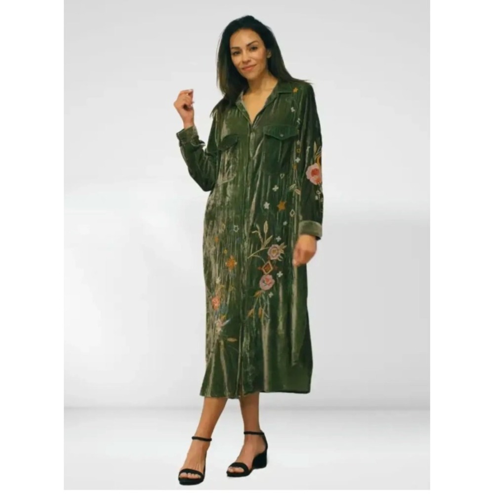 NWT KYLA SEO Handmade Velvet Embroidered Midi Shirt Dress in Olive Size Smakk